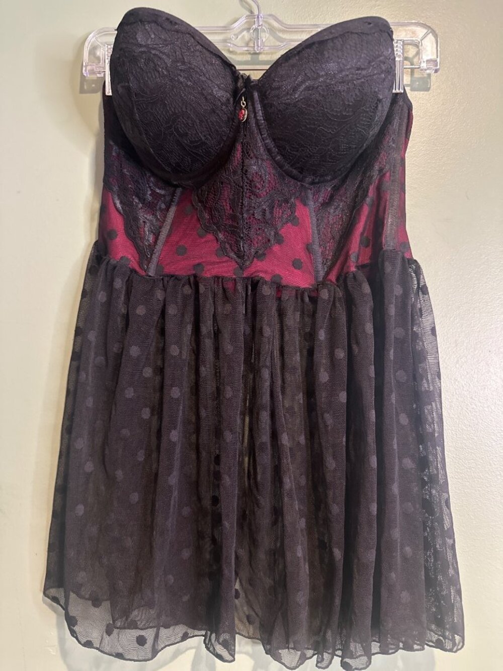 LeJolie Bustier Babydoll Lingerie 46 Black Burgundy Mesh Polka Dot Lace Teddy